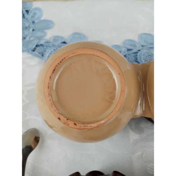 Vintage Brown & Tan Glazed Ceramic Double Condiment Dish w/ Lids & Spoons Taiwan - Picture 7 of 8